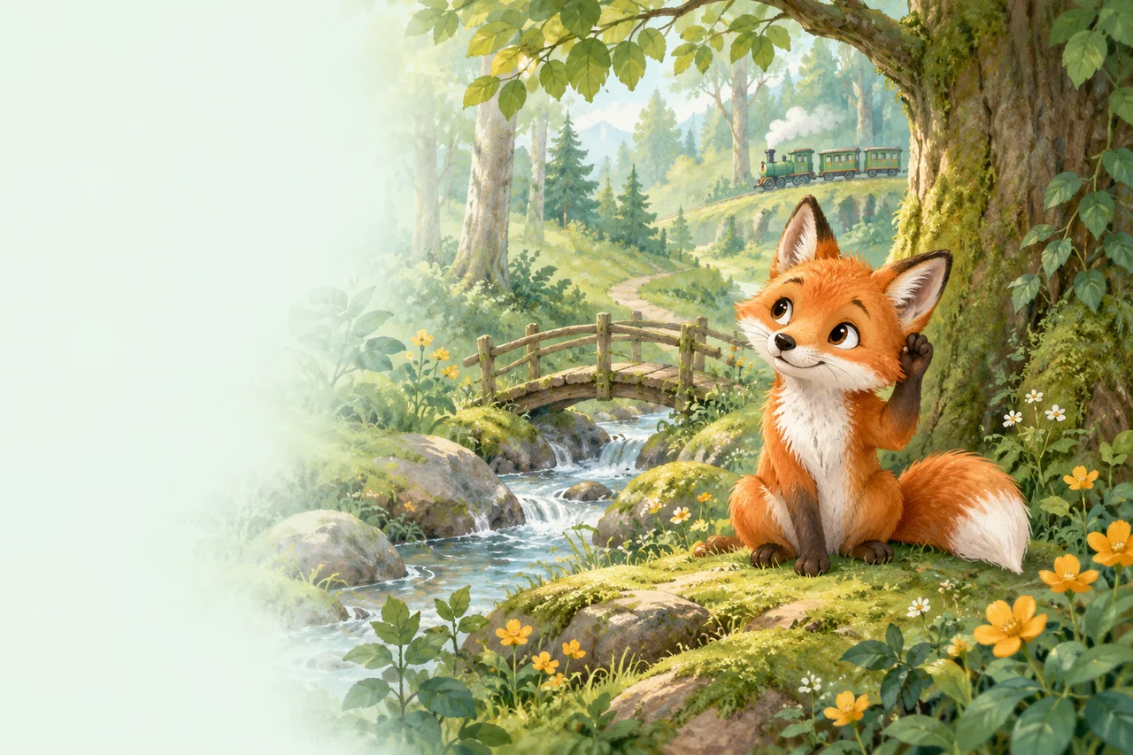 A listening fox beside a woodland stream
