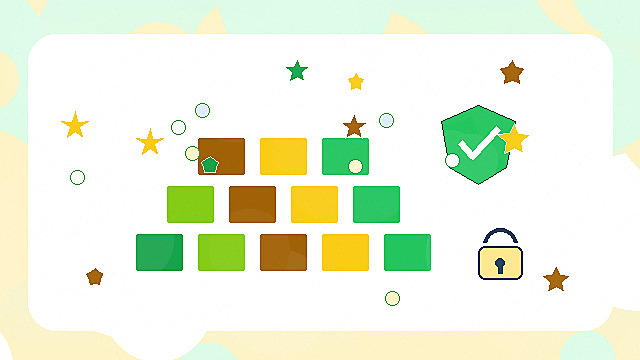 Original illustration for Minecraft with generic sandbox building cubes and a family guardrail shield.