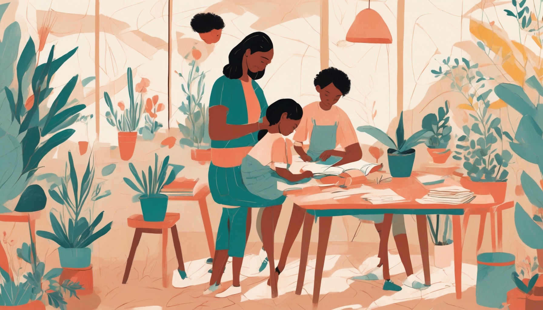 Stylized illustration of children working at a sunny table with pencils and notebooks.