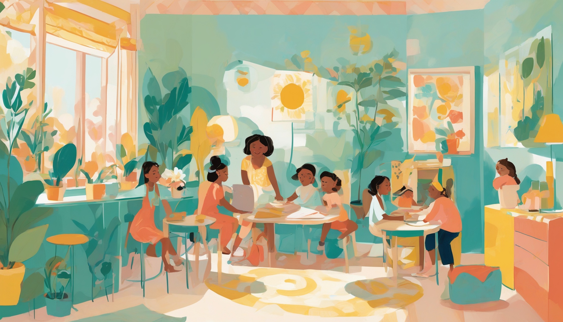Stylized illustration of a tutor and a student working side by side at a sunny table with pencils and notebooks.